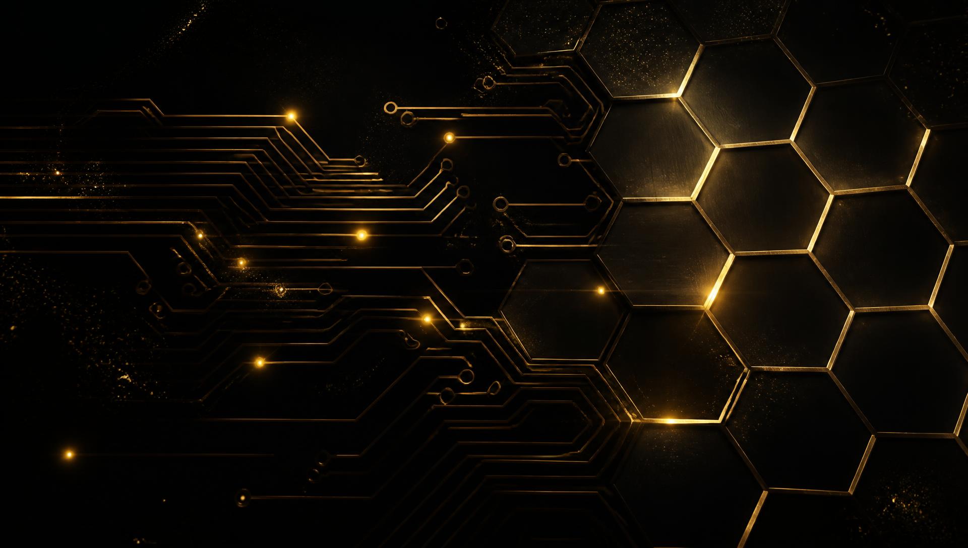 Metallic gold circuit board and honeycomb pattern on black